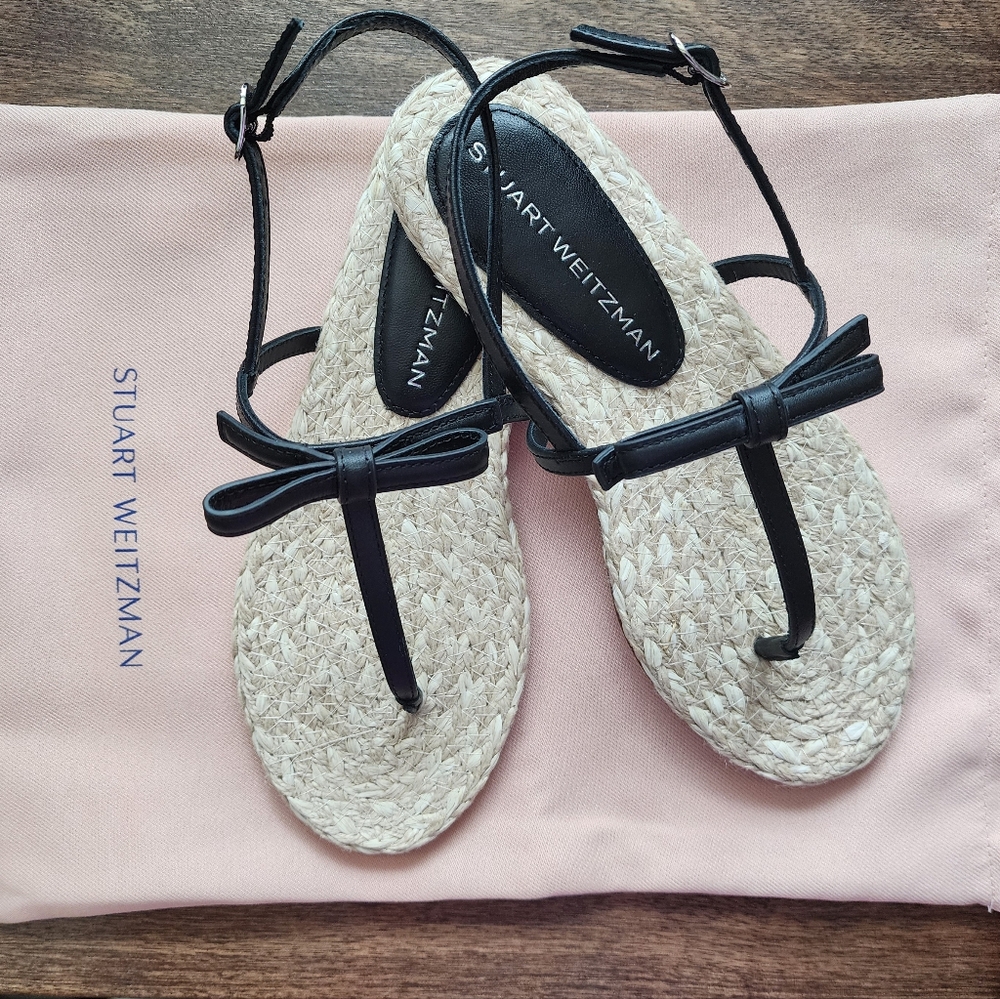 Stuart Weitzman Felicity Black Leather Bow Espadrille Sandals Sz 8 *New W/ Box*
